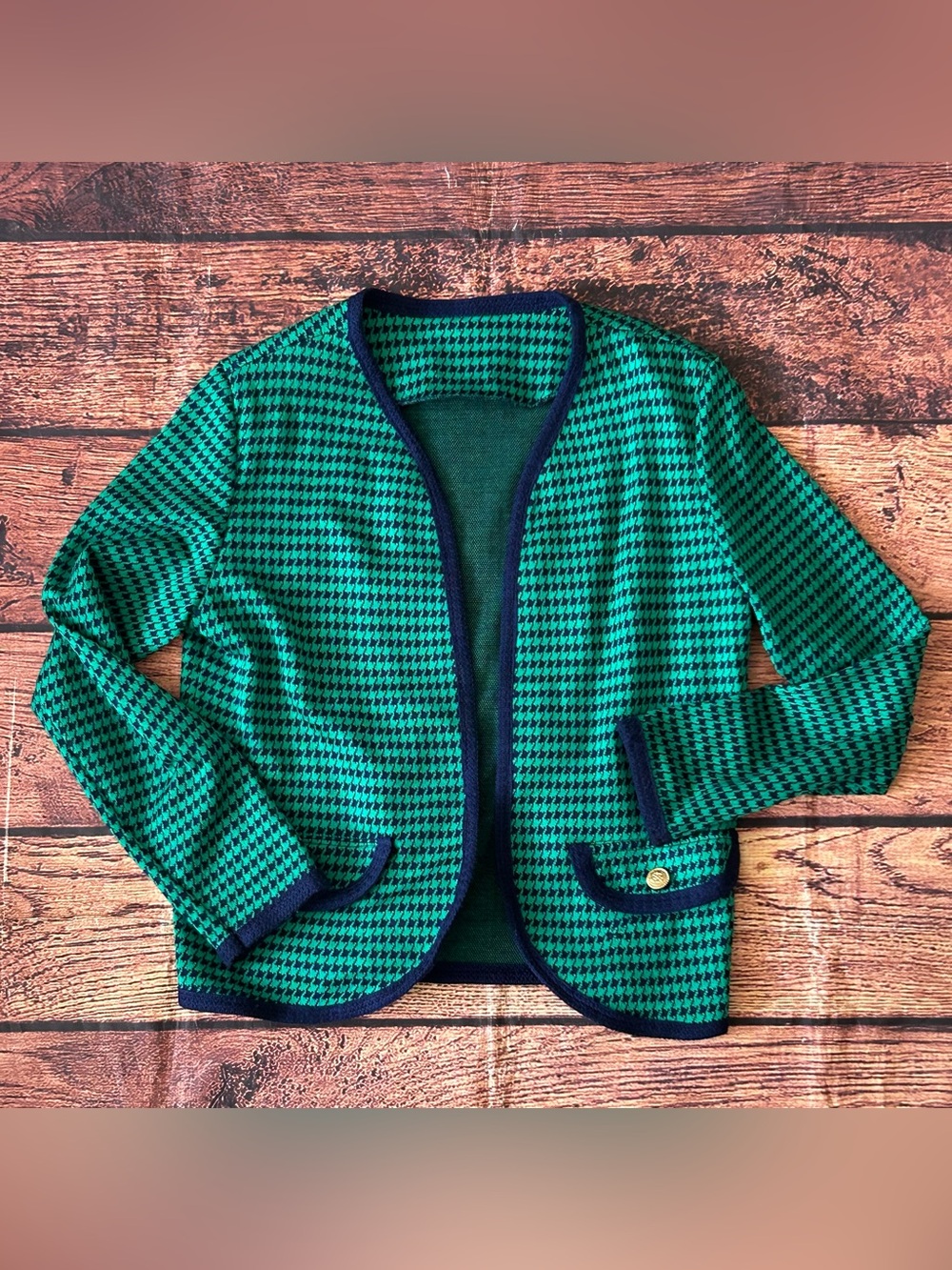 Girls Green Houndstooth Knit Cardigan Jacket